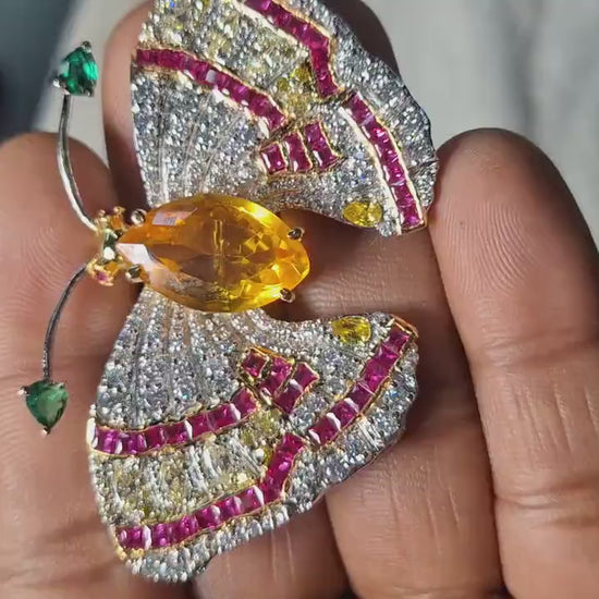 18CT Citrine 4CT Rubies 6CT Zircon 925 Sterling Silver Brooch