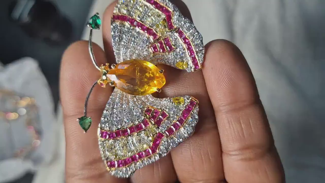 18CT Citrine 4CT Rubies 6CT Zircon 925 Sterling Silver Brooch