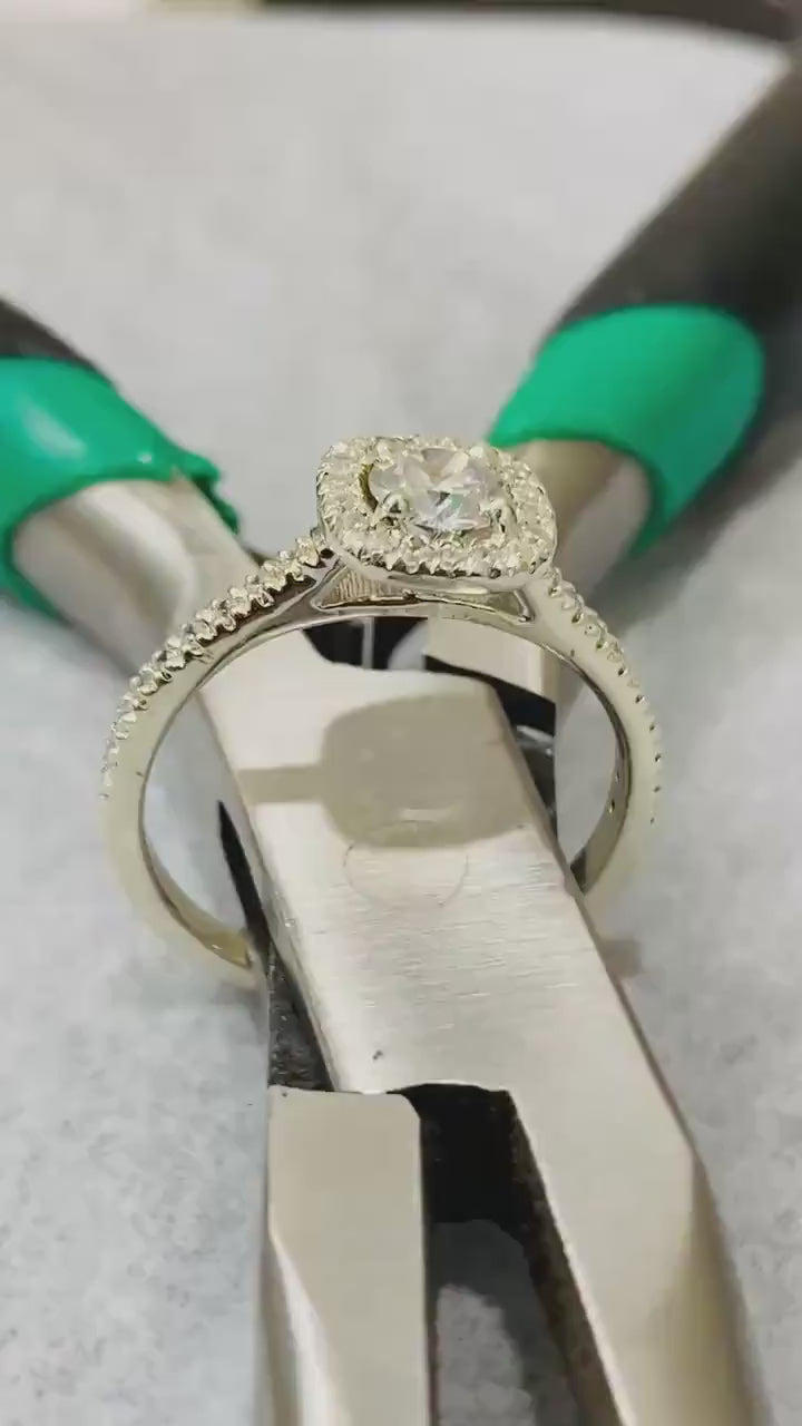Engagement Ring, Round Halo Eternity. Gold Silver Diamond.